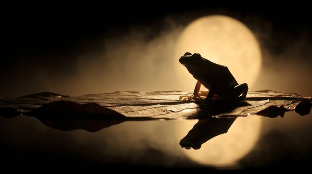 Frog silhouette on a moonlit leaf