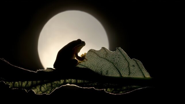 Frog silhouette on a moonlit leaf