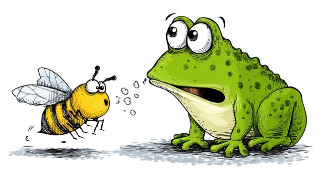 Funny cartoon of frog tongue grabbing fly