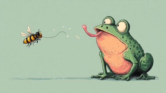 Funny cartoon of frog tongue grabbing fly