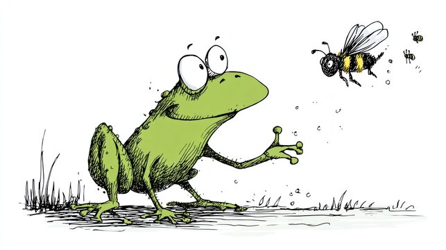 Funny cartoon of frog tongue grabbing fly