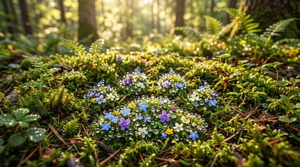 Fototapeta premium Small colorful wildflowers forming a paw print shape on mossy forest floor