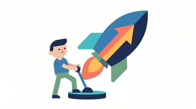 Illustration of a young boy pushing a launch button to start a rocket representing business startup and growth