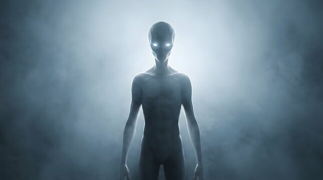 Mysterious alien figure emerging from fog with glowing eyes