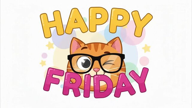 Happy Friday greeting text illustration with a cute winking orange cartoon cat wearing glasses