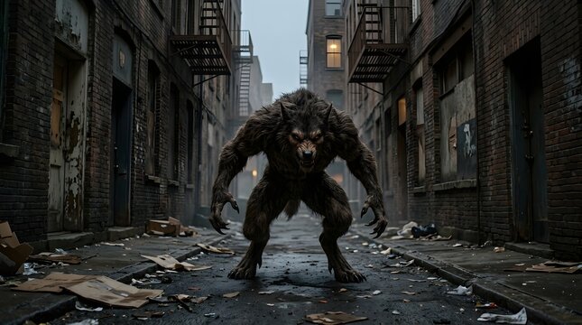 Fierce werewolf standing in abandoned urban alley at dusk