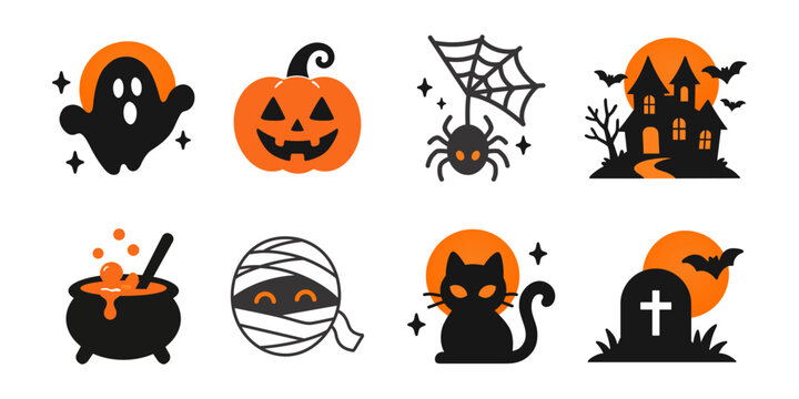 Cute Halloween Icon Set &ndash; Spooky Ghost, Pumpkin, Spider, Haunted House and Black Cat Vector Collection