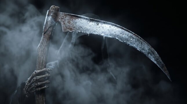 Grim reaper holding frost covered scythe in dark misty atmosphere