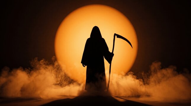 Grim reaper silhouette holding scythe against large glowing moon