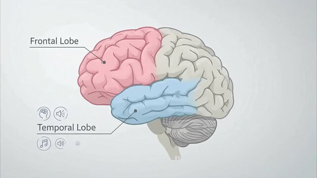 Anatomical Illustration of Human Brain Showing Frontal Lobe and Temporal Lobe with Medical Diagram Labels