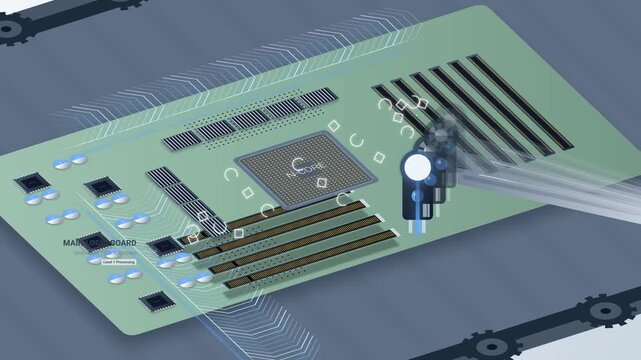 Surface mount technology machine assembling printed circuit board with electronic components microchips and processors in high tech automated manufacturing process