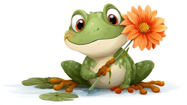 Smiling frog cartoon holding flower