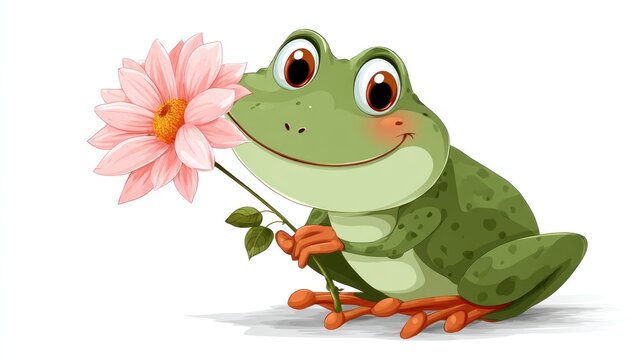 Smiling frog cartoon holding flower