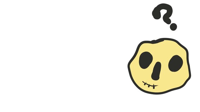On one side of the screen hangs a yellow cartoon skull with a question mark.