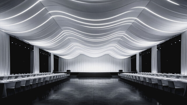 A modern event hall with wavy draped ceiling lighting, long dining tables, and a stage, set up for gatherings.