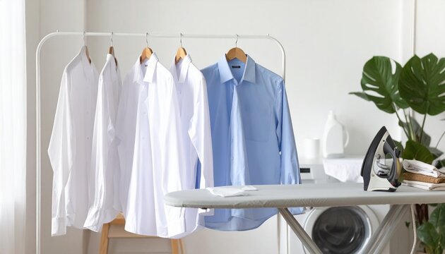 Freshly Ironed Shirts in Organized Laundry Room
