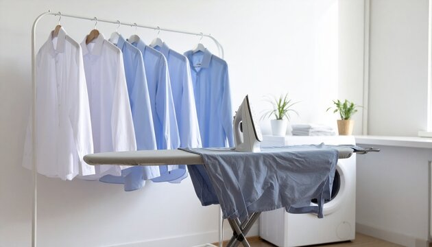 Freshly Ironed Shirts in Organized Laundry Room
