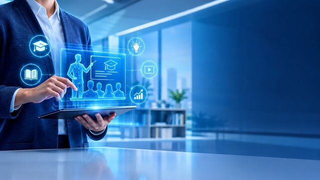 University professor presenting virtual educational content with a holographic interface of classroom figures and academic symbols online education e learning digital learning academic technology