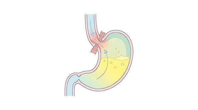 Medical illustration of human stomach anatomy showing the process of acid reflux