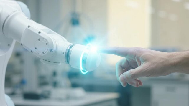 Robotic arm touch interaction with human finger during laboratory testing for advanced medical technology video clip