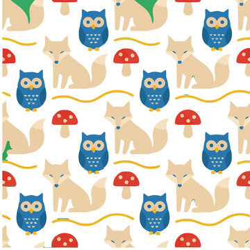 Seamless pattern of foxes, owls, and mushrooms
