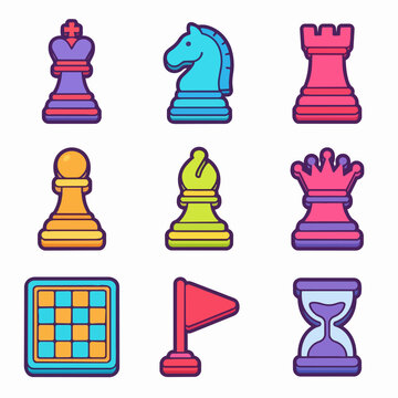 Colorful chess pieces and game symbols illustration