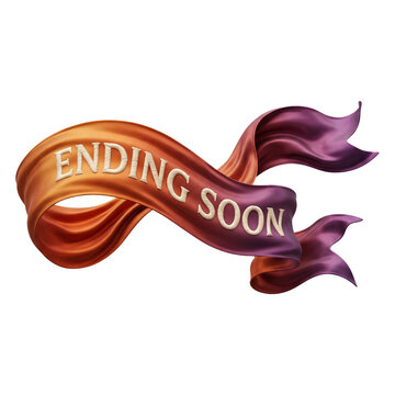 Ending Soon text embroidered on a flowing silk ribbon with orange and purple gradient hues and realistic fabric folds for promotional sales banners.