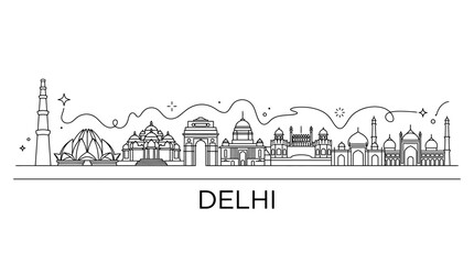 Obraz premium Delhi city skyline line art illustration with historic monuments.