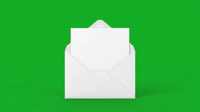 White blank paper letter emerging from envelope animation motion clip on vibrant solid green screen background