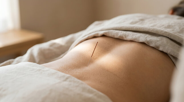 Woman Receiving Acupuncture Treatment On Back.