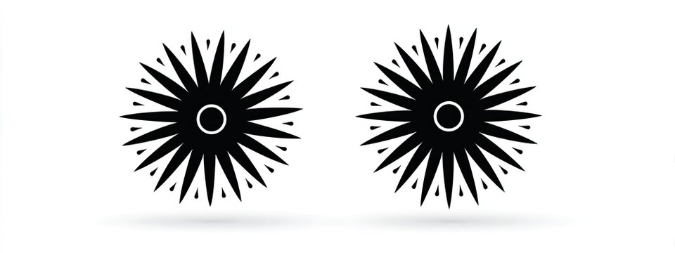 Two black starburst designs with sharp points and circles in center, on white