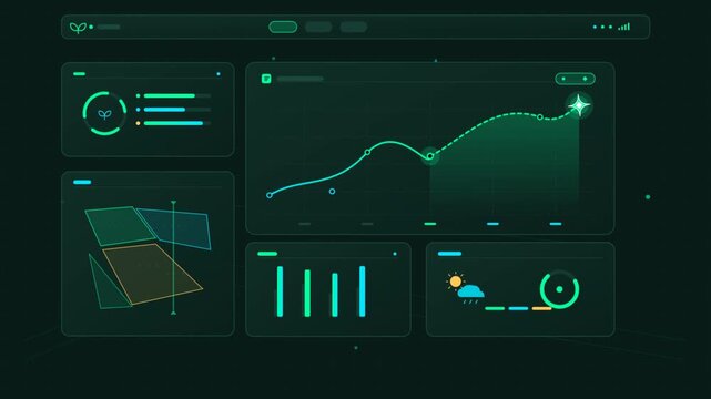 Futuristic digital dashboard interface displaying green vector charts