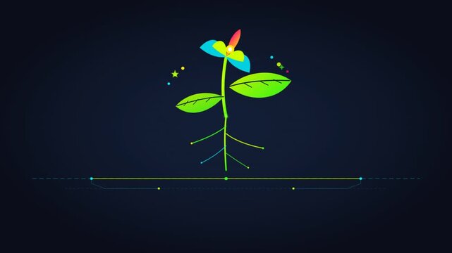 Animated vector interface morphing into glowing plant growth network