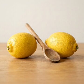 Fresh yellow lemons with a wooden spoon JPG photo featuring organic citrus fruit on a rustic wooden table for healthy eating and cooking concepts.   