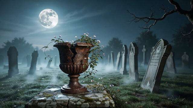 A broken stone urn with flowers in a foggy cemetery at night under a full moon with weathered tombstones and dark trees in the background