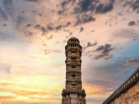 Chittorgarh, Rajasthan, India 15 September 2026: Picture of Vijay Stambh also known as the Tower of Victory in Chittorgarh Fort shot against a beautiful sky during daylight

