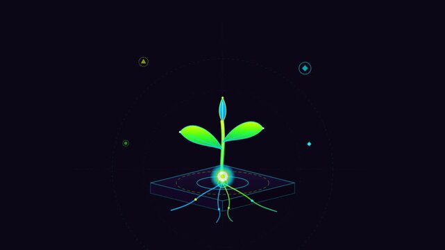 Animated vector agritech interface showing smart sensor probe scanning and digital plant growth against dark background
