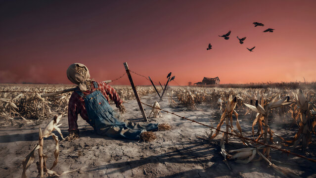 A creepy scarecrow sitting in a dry, withered cornfield under a dark red sunset sky with a flock of black birds flying over a distant house