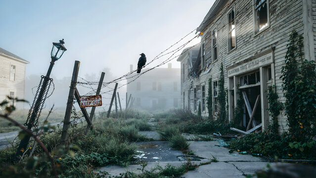 A crow perched on a barbed wire fence in front of a derelict wooden building with broken windows in a foggy and overgrown outdoor setting