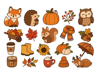 Obraz premium Autumn elements vector set with fall leaves pumpkins acorns and boots