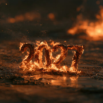 Burning 2027 numerals rest on dark reflective ground with glowing embers and blurred flames behind them in a dramatic New Year scene