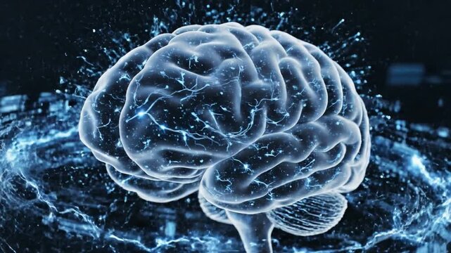 Futuristic human brain visualization with glowing neural pathways and synaptic pulses