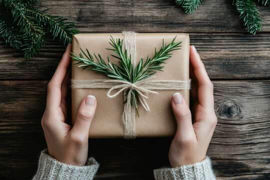 Hands in knitted sleeves hold a brown paper gift tied with twine and green sprigs above a dark wooden tabletop edged with evergreen branches