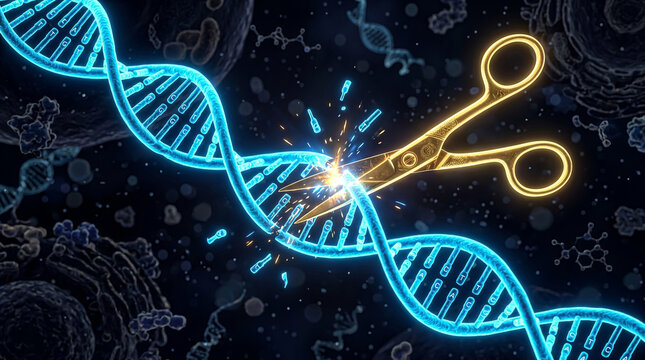Glowing golden scissors cutting a blue DNA double helix strand representing gene editing