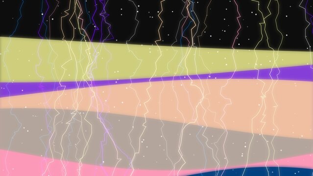 Colorful glowing lightning bolt patterns streak across abstract layered waves