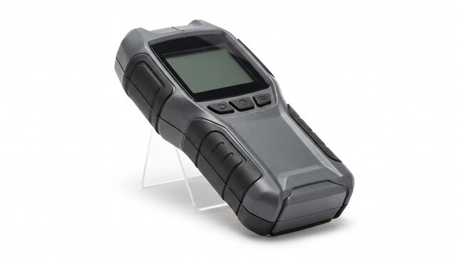 Compact professional digital stud finder with a rugged ergonomic body and blank display, photographed from a dynamic three-quarter angle. Isolated on White background.