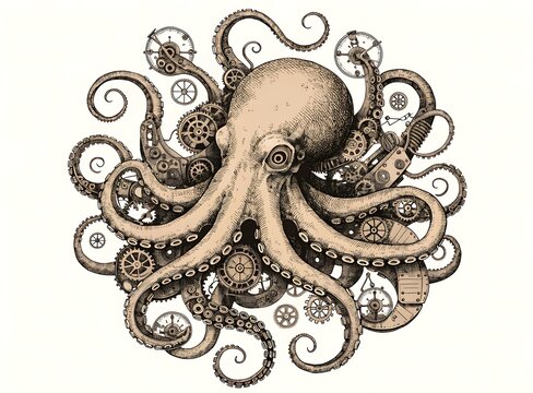 Steampunk octopus illustration with mechanical gears and clockwork parts in black and orange