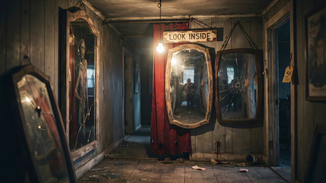 A dark, eerie hallway in a funhouse with cracked mirrors, a red curtain, a glowing light bulb, and a sign that says look inside on the wall