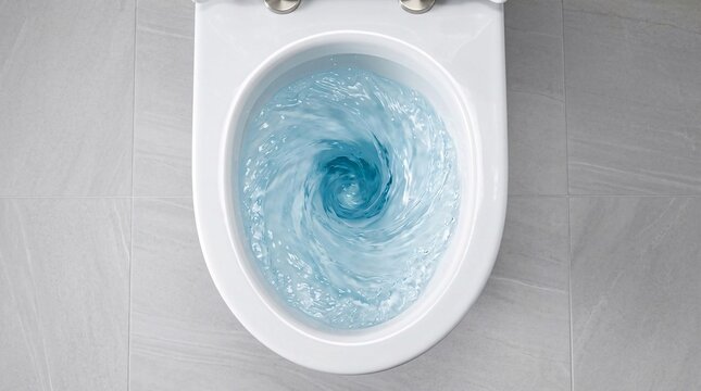 Top down view inside a modern white ceramic toilet bowl mid flush with swirling water forming a dynamic vortex, and gentle depth.