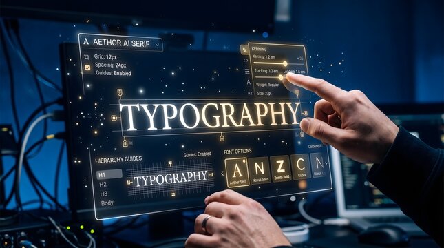 Modern interactive digital display showing typography design tools with user adjusting kerning and font options on glowing holographic user interface in workshop.